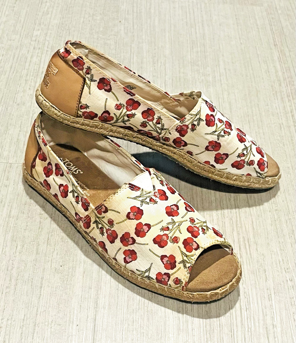 Toms Open Toe Espadrille Floral Flats Slide In Floral Poppy Print Size W 7